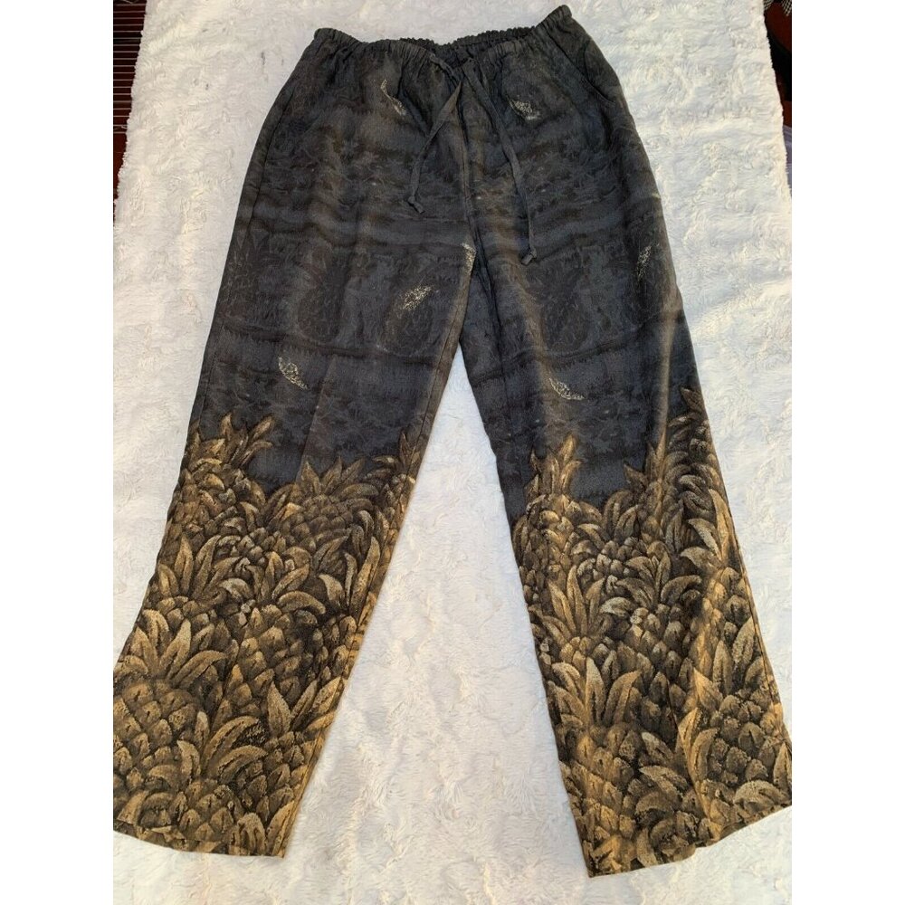 Line Two Womens Drawstring Waist Pants Small Stretch Pineapple Print Black Gold